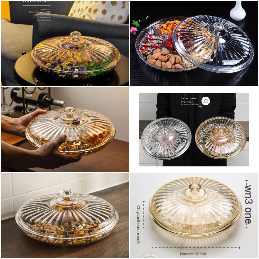 Crystal Candy & Dry fruit Dish Multi-function Snack Tray with Lid for Easy Storage, Living Room/Office/Restaurant