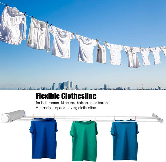Retractable Clothesline Portable Home Indoor Outdoor Plastic Clothes Drying Rope Wall Mount Compact Hanging String Clothe Hanger Clothesline (5 Lines)