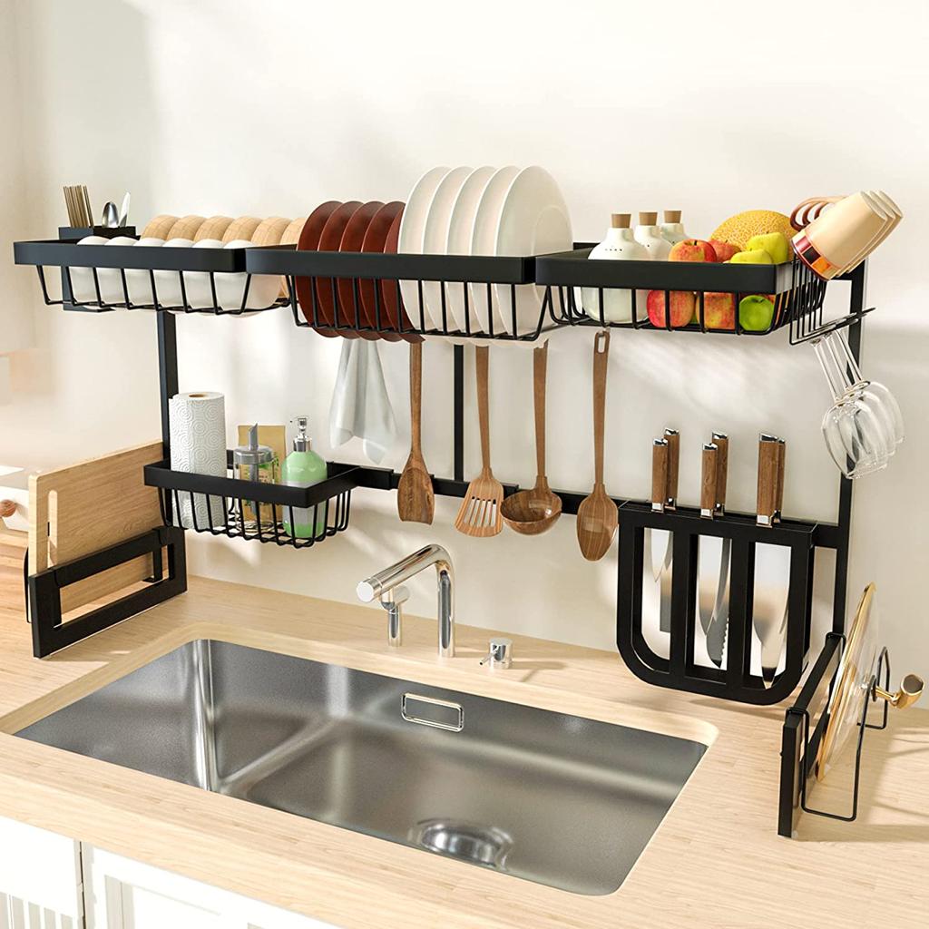 Dish Drying Rack Stainless Steel Organizer Shelf for Kitchen Supplies and Space Saver with Fully Customizable, Large Capacity Chopsticks Holder with Cup, Adjustable